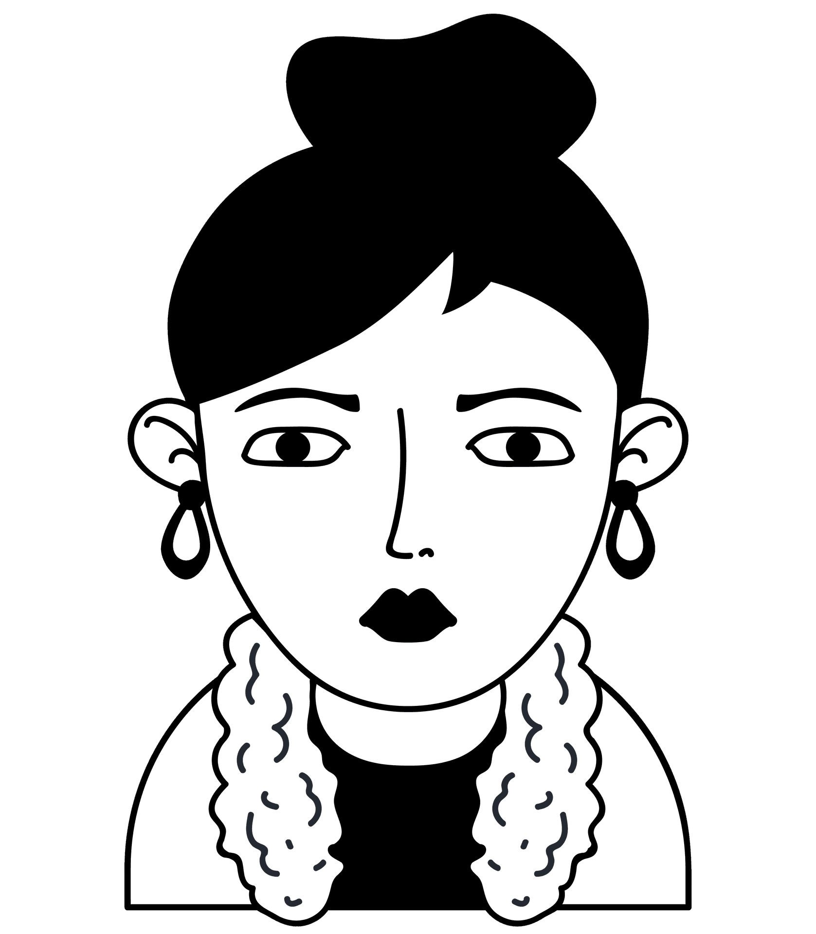 Illustration of a person with white, curly hair and visible ears against a black background.