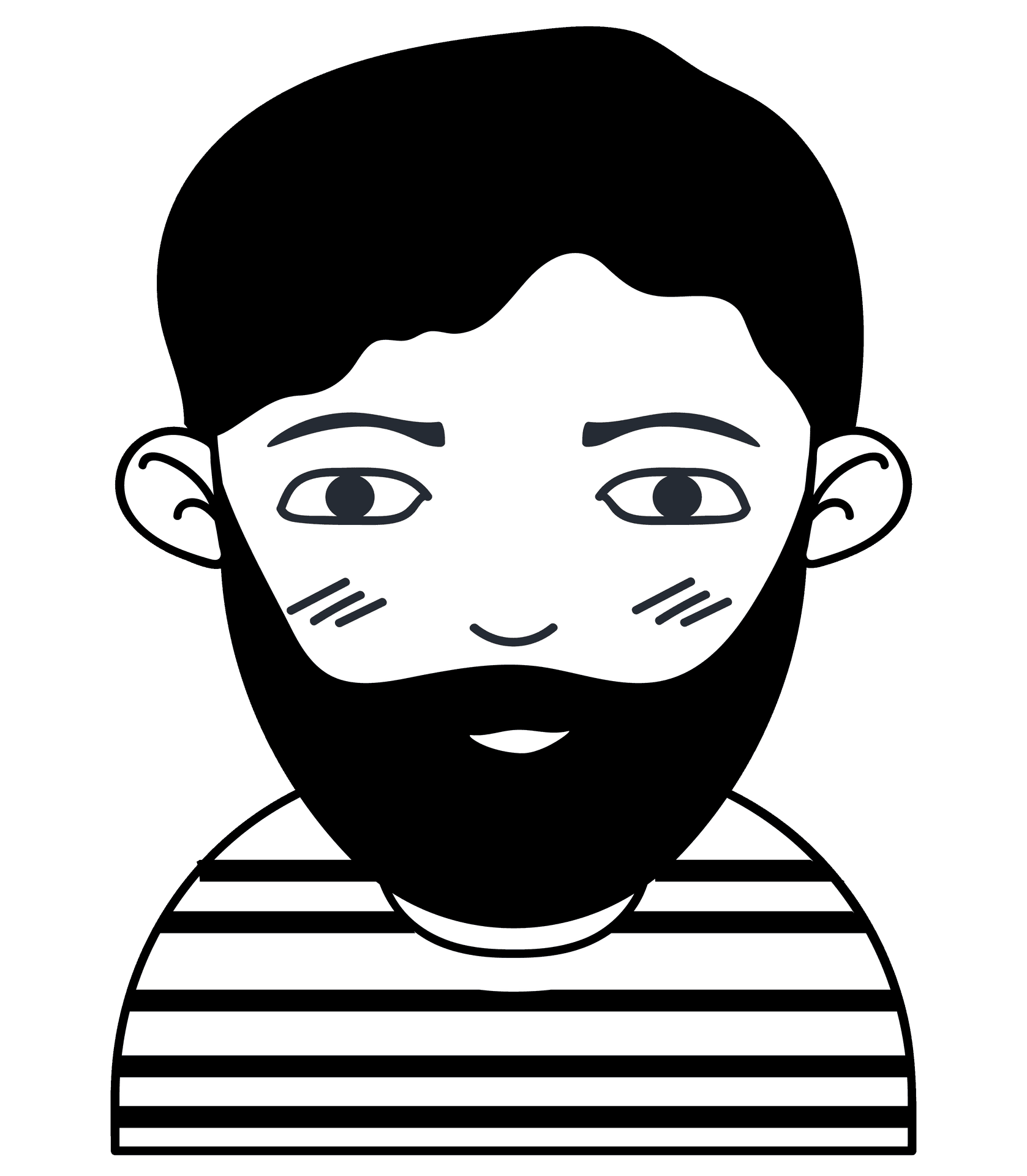 Black and white cartoon illustration of a man with a beard, wearing a striped shirt.