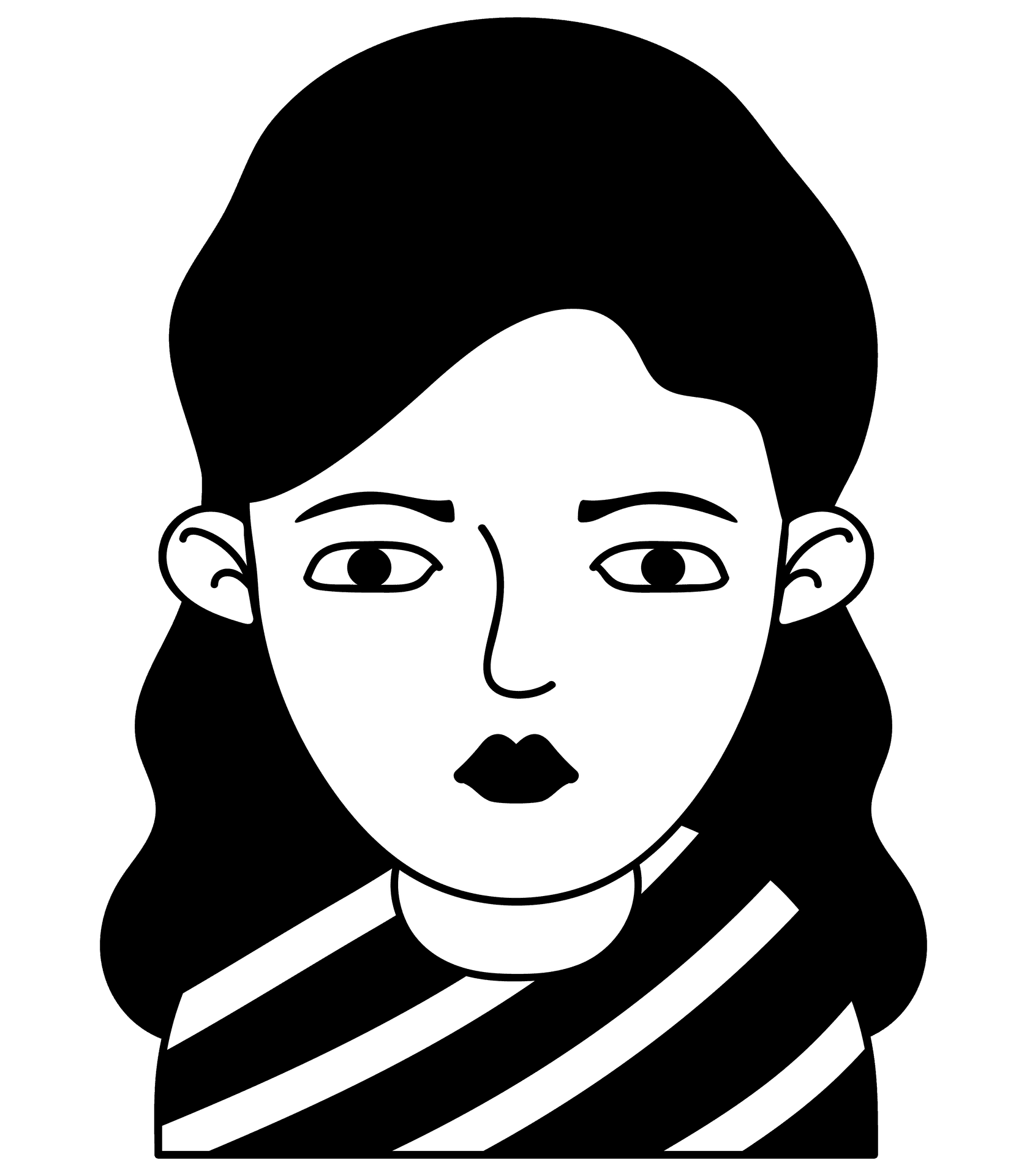 Illustration of a person with black hair wearing a striped shirt on a black background.