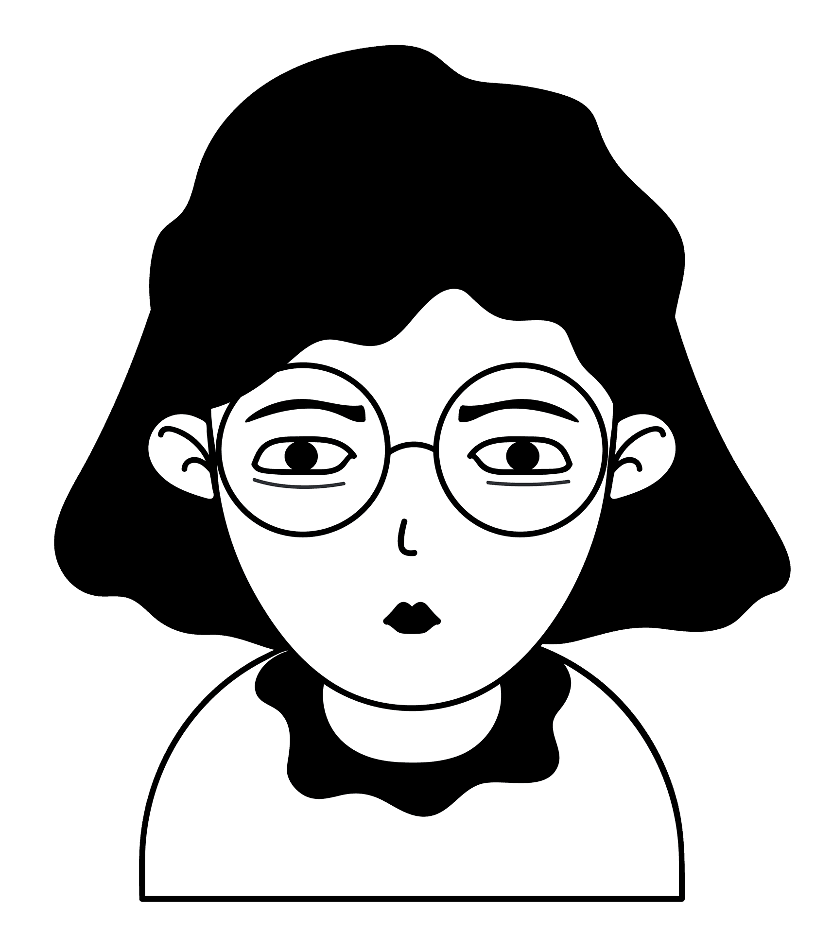 Illustration of a person with large glasses and short hair in a simplistic black and white style.