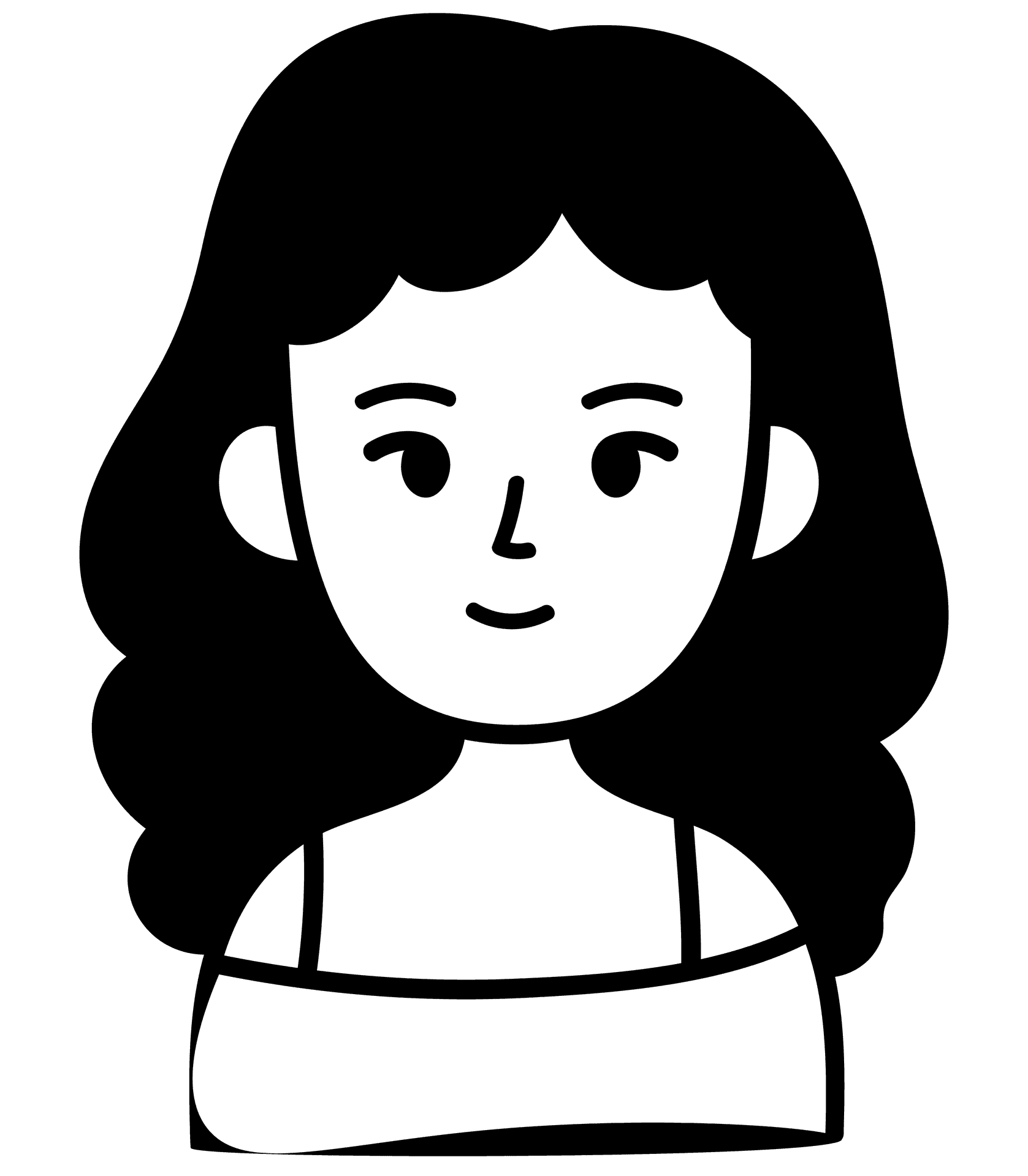 Black and white cartoon illustration of a woman with long hair and a simple expression.