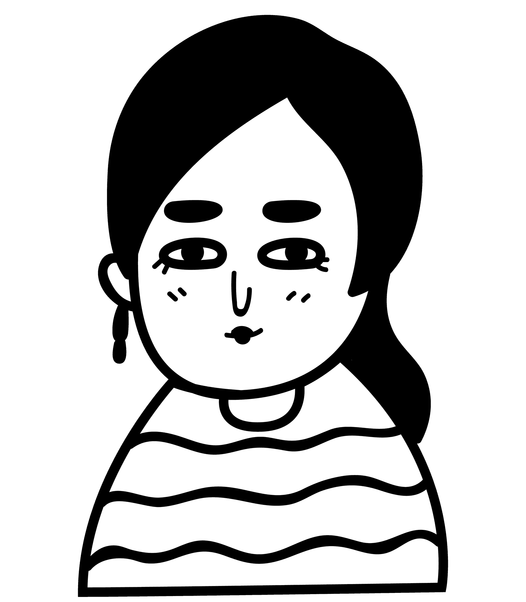 Black and white cartoon drawing of a person with long hair, wearing a striped shirt.