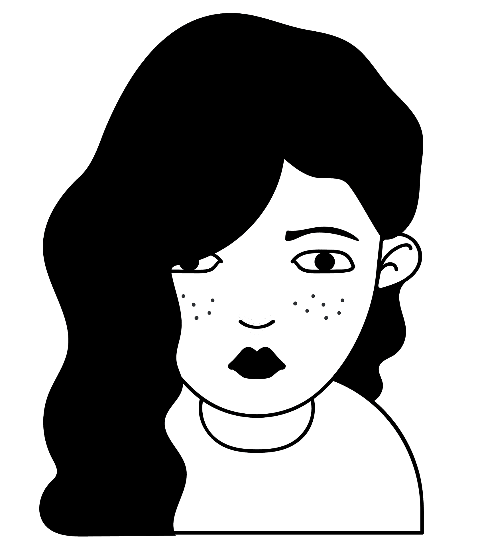 Black and white illustration of a person with long hair, freckles, and a skeptical facial expression.