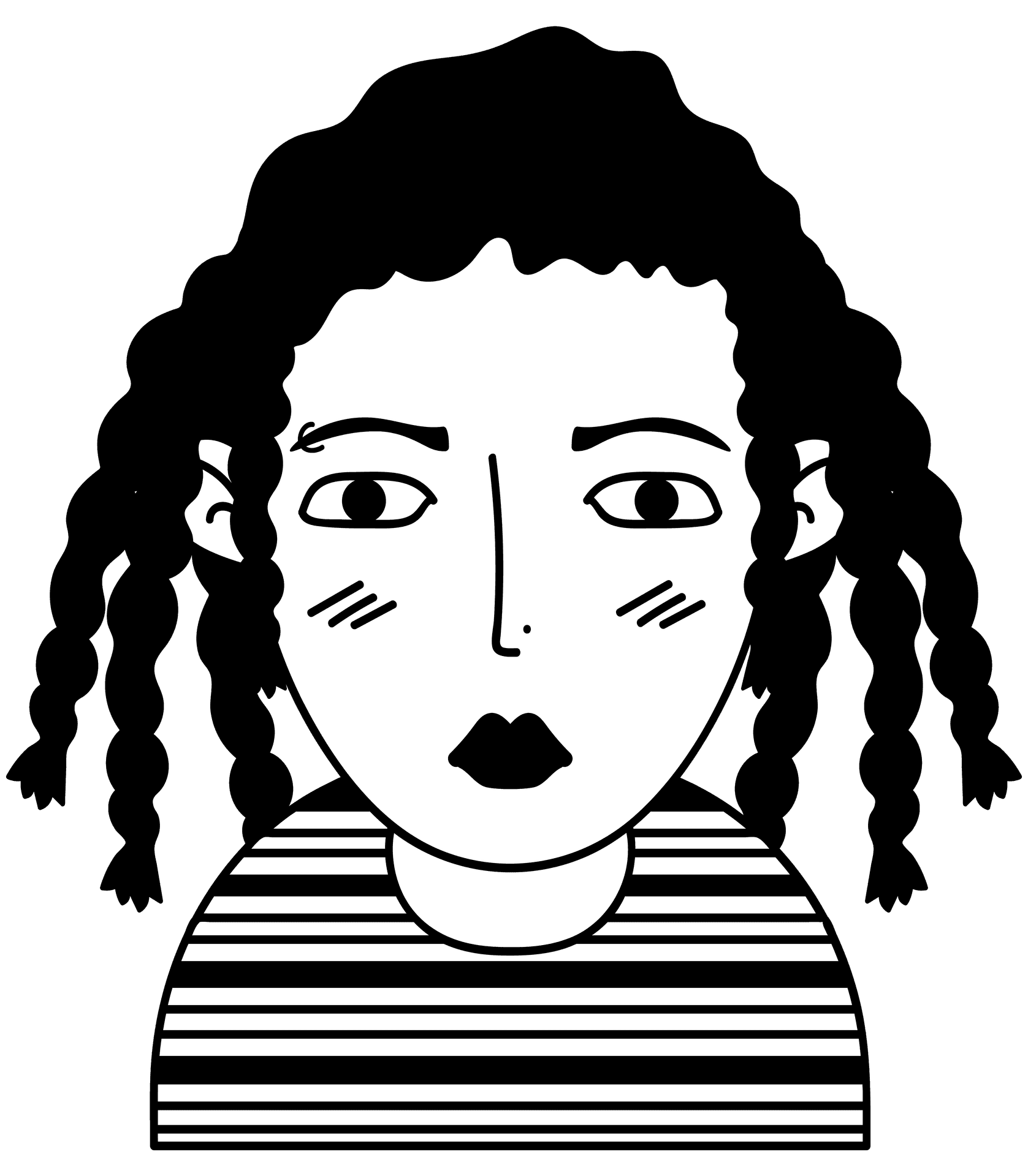 Black and white illustration of a person with curly hair, wide eyes, and striped shirt.