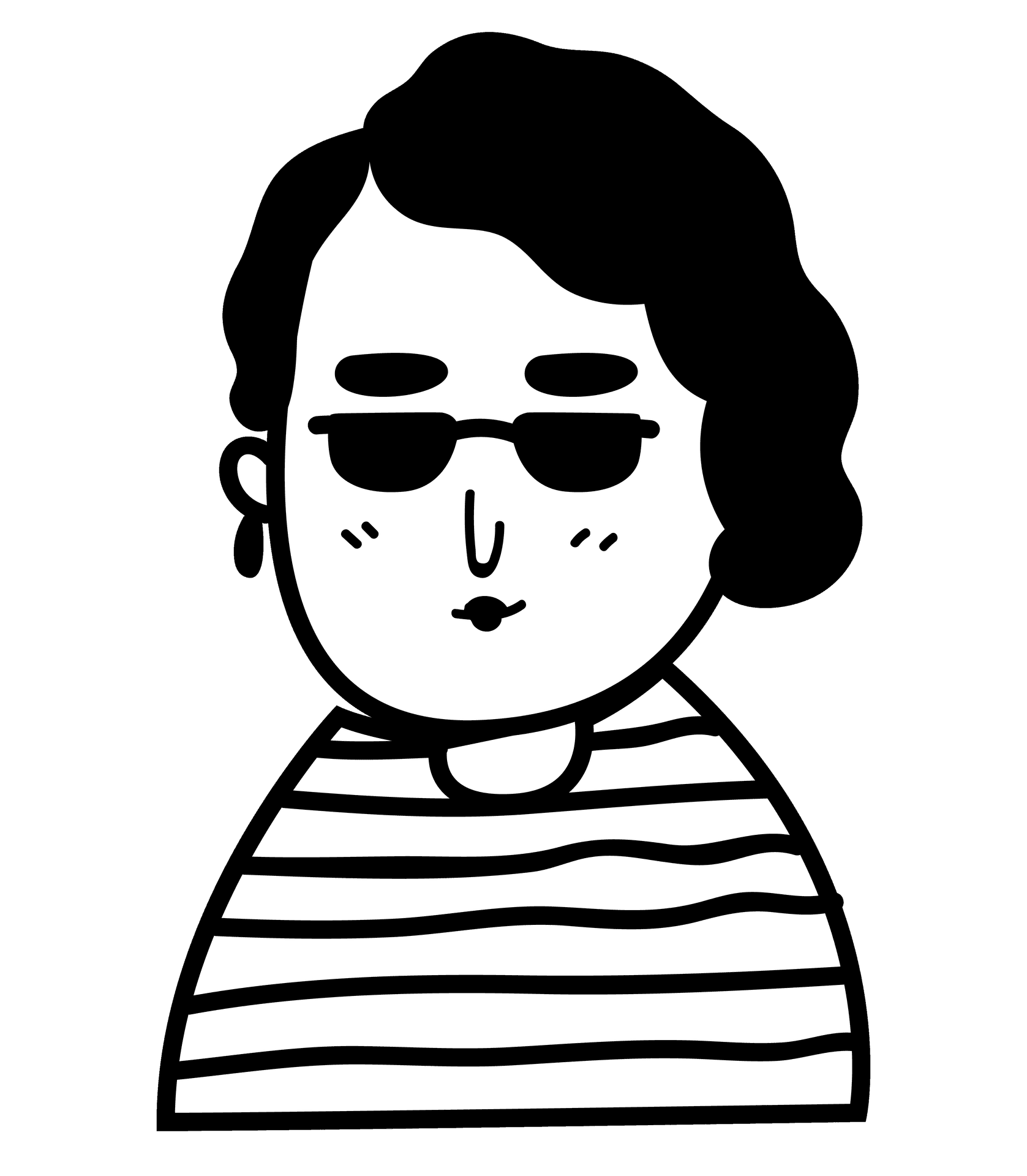 Black and white illustration of a person with wavy hair, wearing sunglasses and a striped shirt.