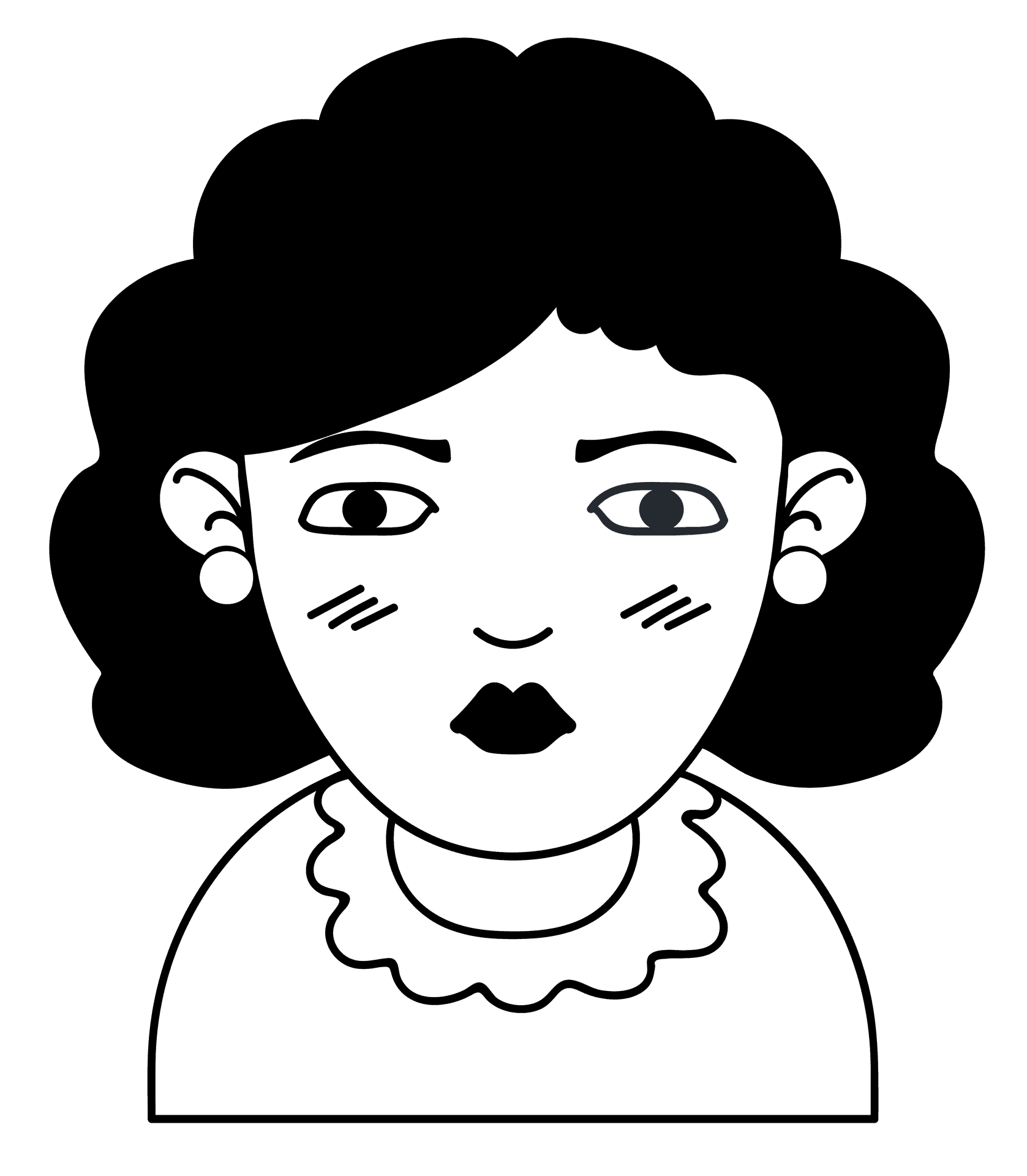 Black and white illustration of a woman with curly hair and pearl earrings.